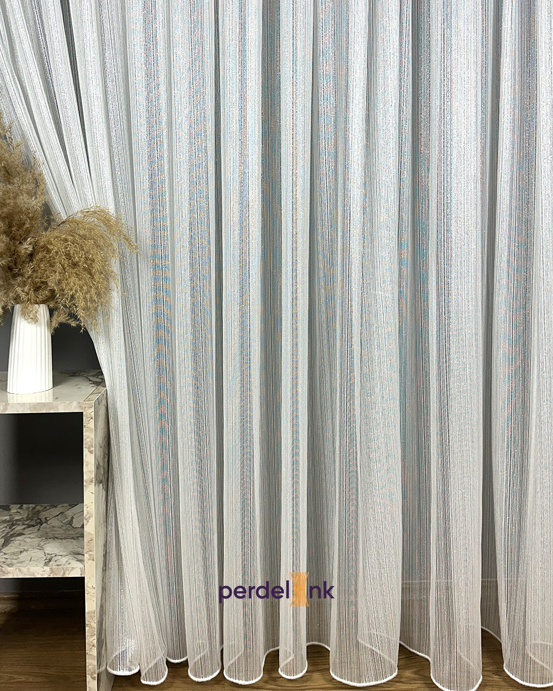 Gümüş Şeritli Tül Perde - 145x255cm